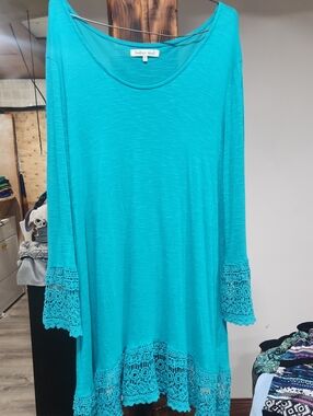 indigo soul Teal Crochet-Hem Long Sleeve Tunic